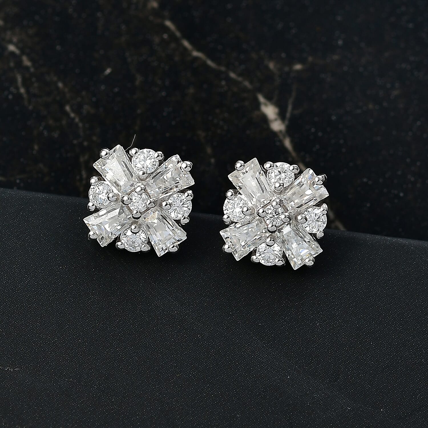 D'Joy 1.90 Ct. Moissanite Cluster Push Post Earring in Rhodium Overlay Sterling Silver 8269870 2
