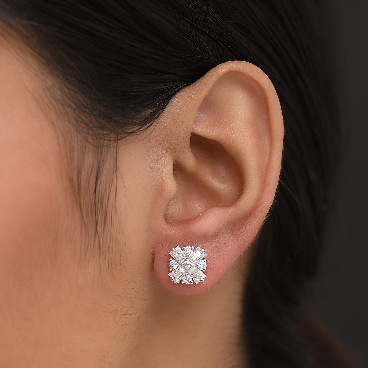 D'Joy 1.90 Ct. Moissanite Cluster Push Post Earring in Rhodium Overlay Sterling Silver 8269870 3