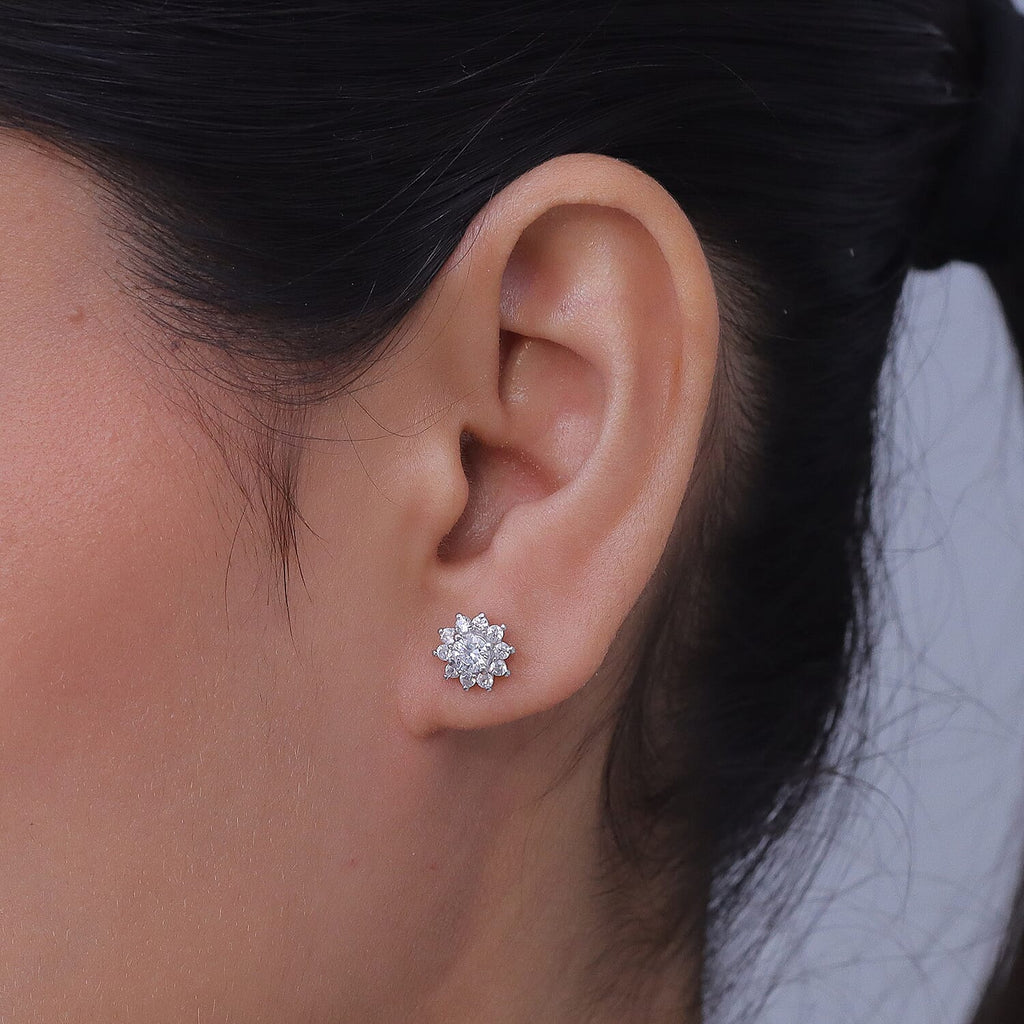 D'Joy Moissanite & White Zircon Cluster Earring with Push Back in Rhodium Overlay Sterling Silver 1.12 Ct.
