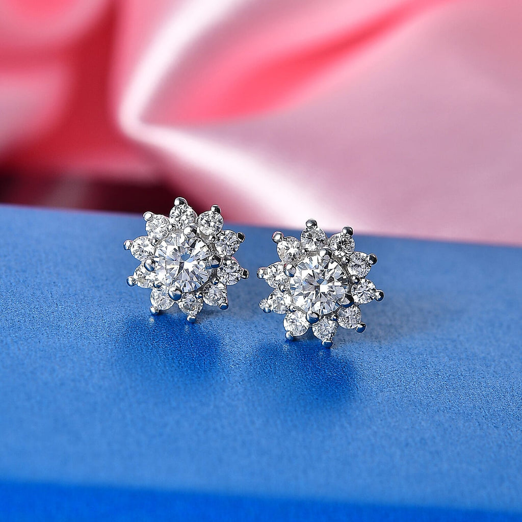 D'Joy Moissanite & White Zircon Cluster Earring with Push Back in Rhodium Overlay Sterling Silver 1.12 Ct.
