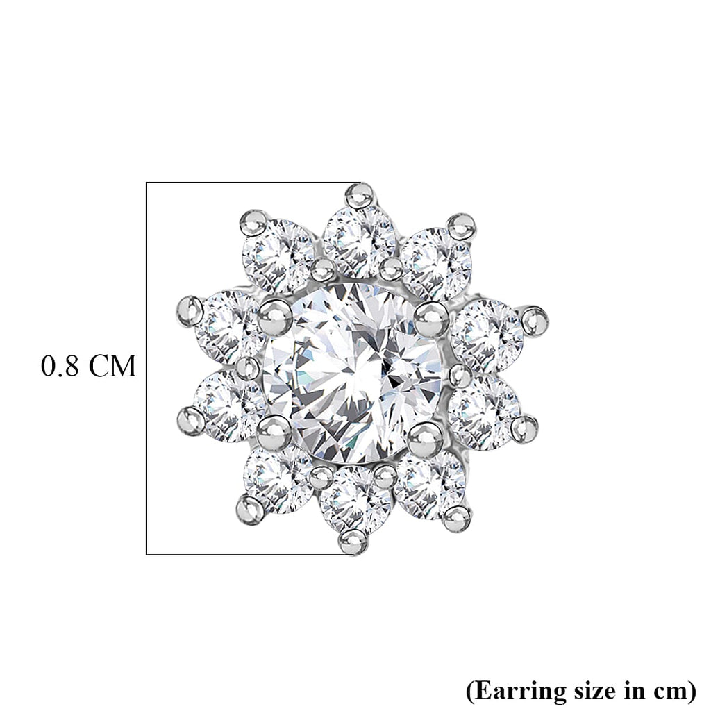 D'Joy Moissanite & White Zircon Cluster Earring with Push Back in Rhodium Overlay Sterling Silver 1.12 Ct.