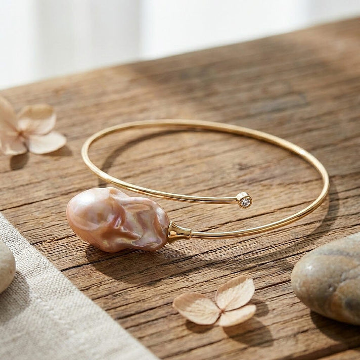 Designer Inspired-  AAA Baroque Pearl Bangle (Size - 7 to 9) in Gold Overlay Sterling Silver. 8415271 2