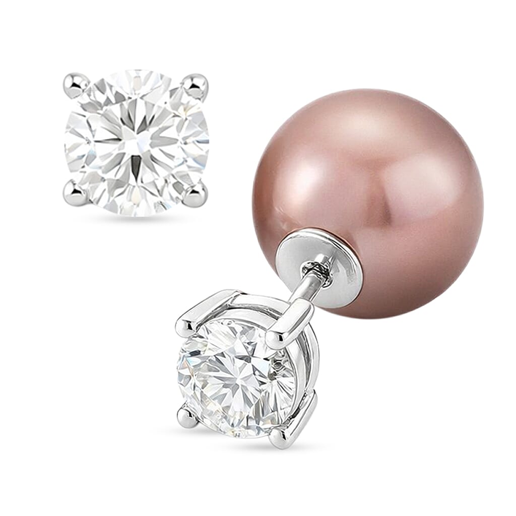 D'Joy Multi Colour Edison Pearl, Moissanite Front Back Ball Stud Earring with Clasp in Rhodium Overlay Sterling Silver 22.70 Ct. 8380589 0