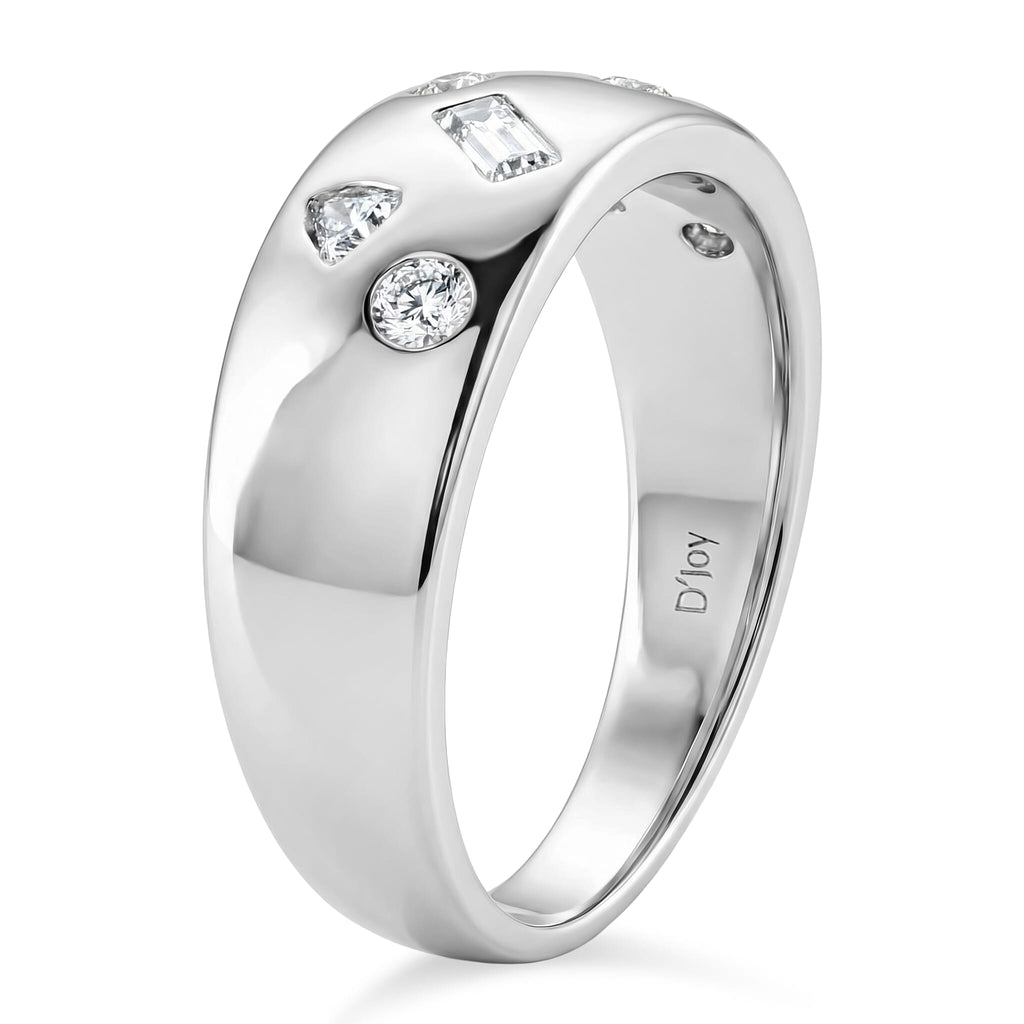D'Joy Multi Cut Moissanite Wide Band Ring in Rhodium Overlay Sterling Silver