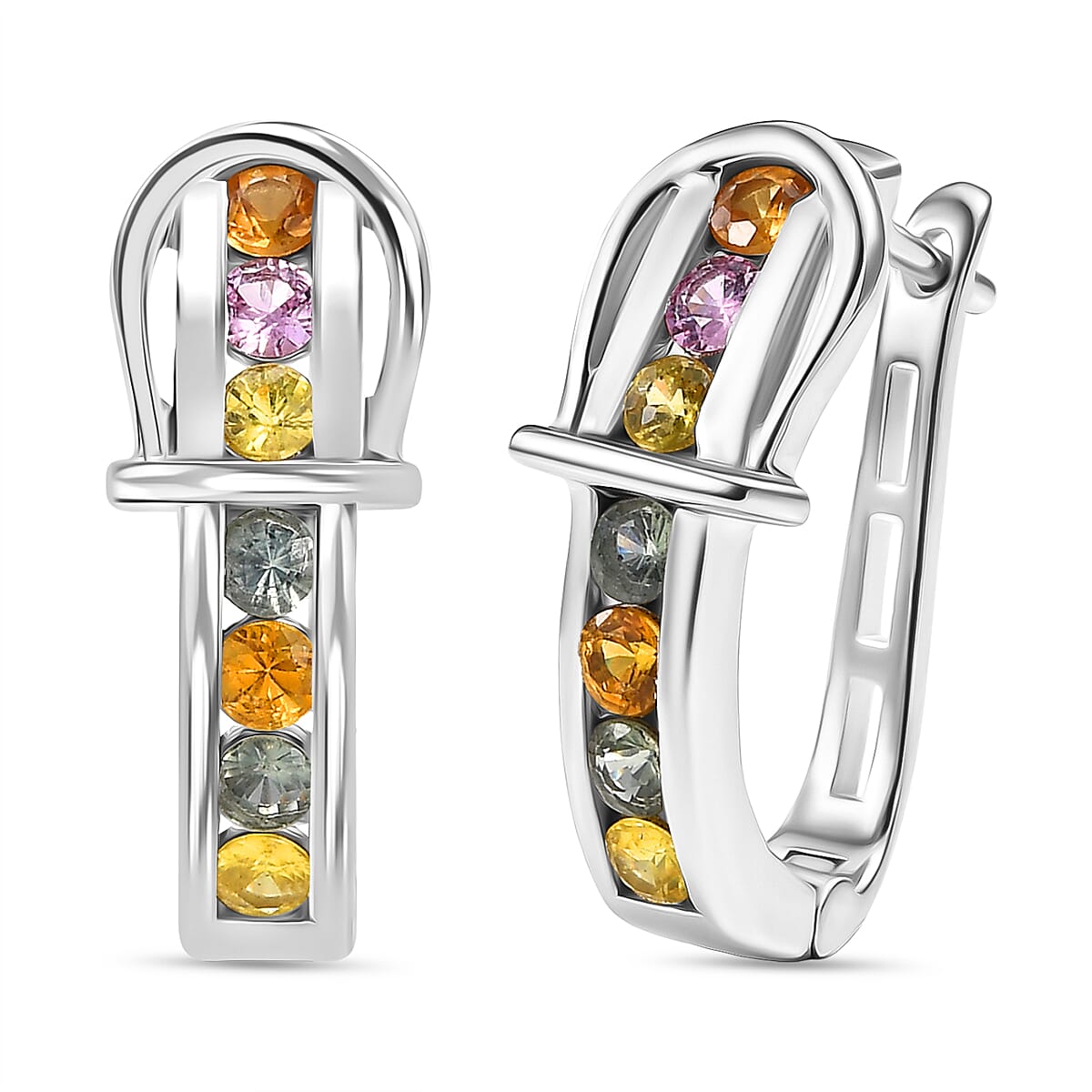 D'joy Multi Sapphire Earring with Hoop in Rhodium Overlay Sterling Silver 1.40 Ct, Silver Wt. 5.39 Gms. 8249981 0