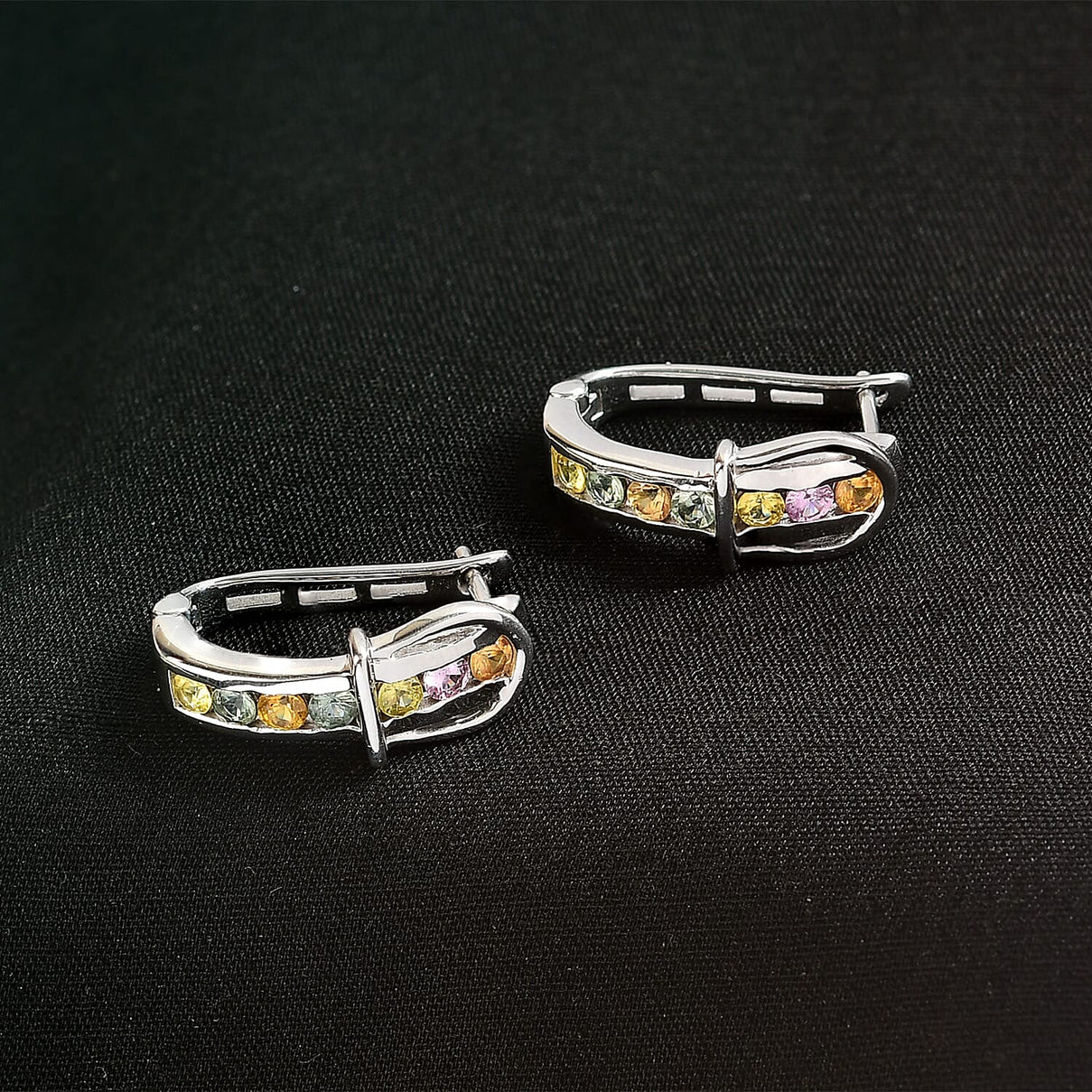D'joy Multi Sapphire Earring with Hoop in Rhodium Overlay Sterling Silver 1.40 Ct, Silver Wt. 5.39 Gms. 8249981 1