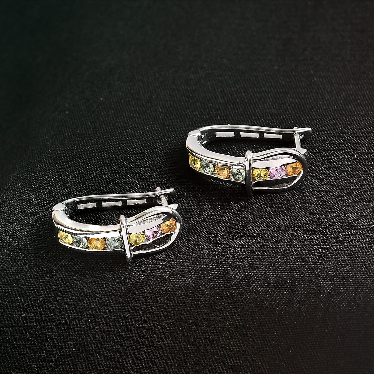 D'joy Multi Sapphire Earring with Hoop in Rhodium Overlay Sterling Silver 1.40 Ct, Silver Wt. 5.39 Gms. 8249981 1
