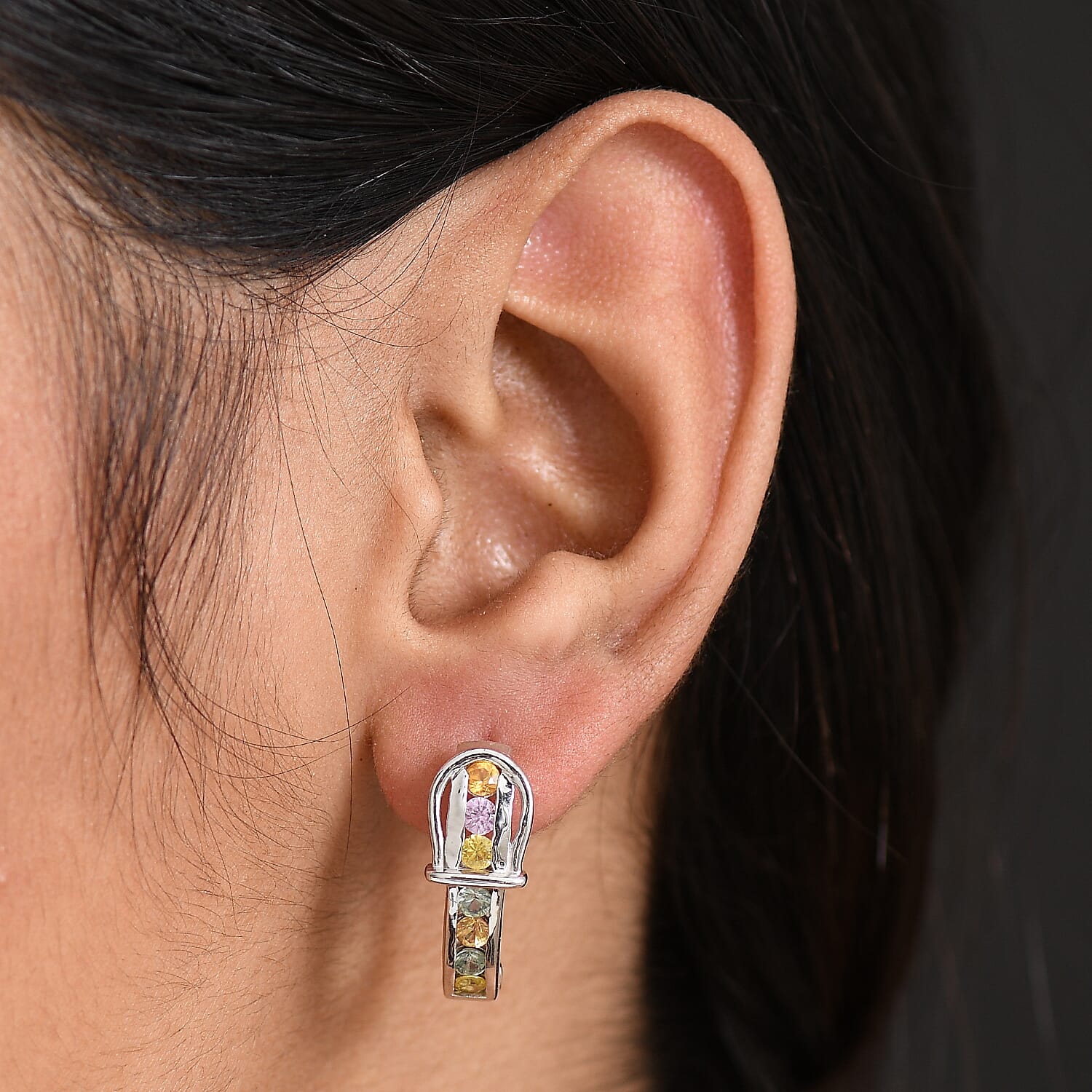 D'joy Multi Sapphire Earring with Hoop in Rhodium Overlay Sterling Silver 1.40 Ct, Silver Wt. 5.39 Gms. 8249981 2