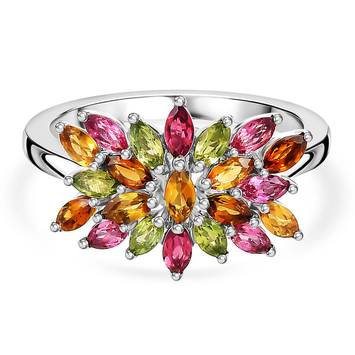 D'Joy - Multi-Tourmaline Floral Cluster Ring in Rhodium Overlay Sterling Silver 1.65 Ct. 8551403 1