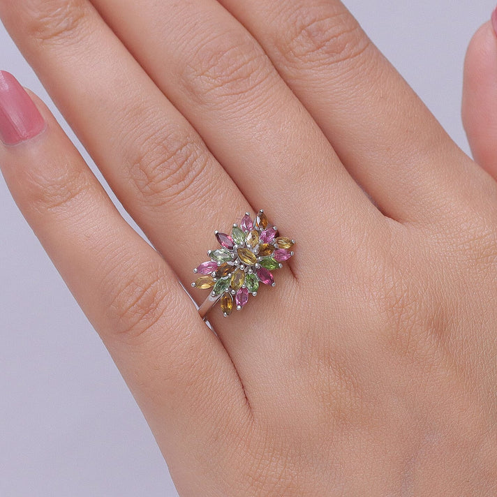 D'Joy - Multi-Tourmaline Floral Cluster Ring in Rhodium Overlay Sterling Silver 1.65 Ct. 8551403 2