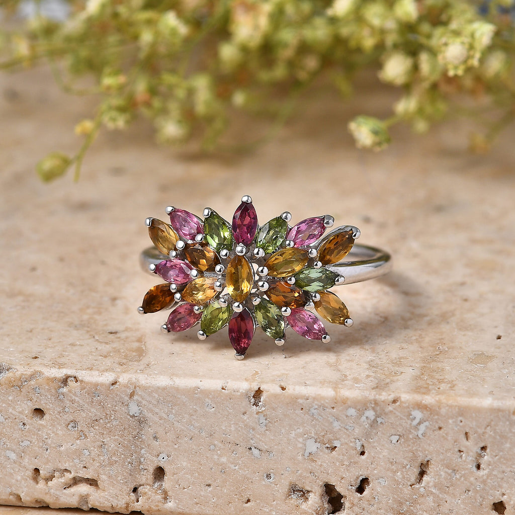 D'Joy - Multi-Tourmaline Floral Cluster Ring in Rhodium Overlay Sterling Silver 1.65 Ct.