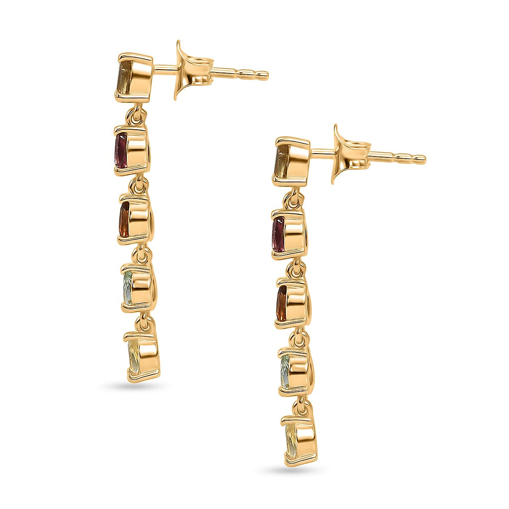 D'Joy - Multi-Tourmaline Dangling Earring with Push Post in Yellow Gold Plated Sterling Silver 1.60 Ct.