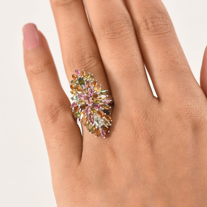 D'Joy Multi-Tourmaline Floral Cluster Ring in Rhodium Overlay Sterling Silver 4.28 Ct 8531377 2