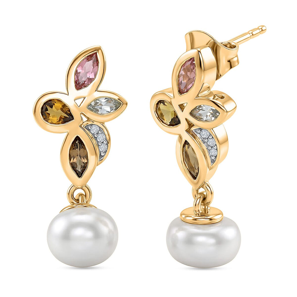 D'Joy - Multi-Tourmaline, Fresh Water Pearl & White Zircon Dangling Earring with Push Post in Yellow Gold Plated Sterling Silver 5.82 Ct.