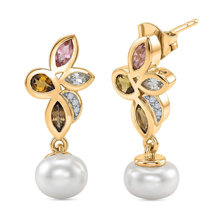 D'Joy - Multi-Tourmaline, Fresh Water Pearl &amp; White Zircon Dangling Earring with Push Post in Yellow Gold Plated Sterling Silver 5.82 Ct. 8536938 1