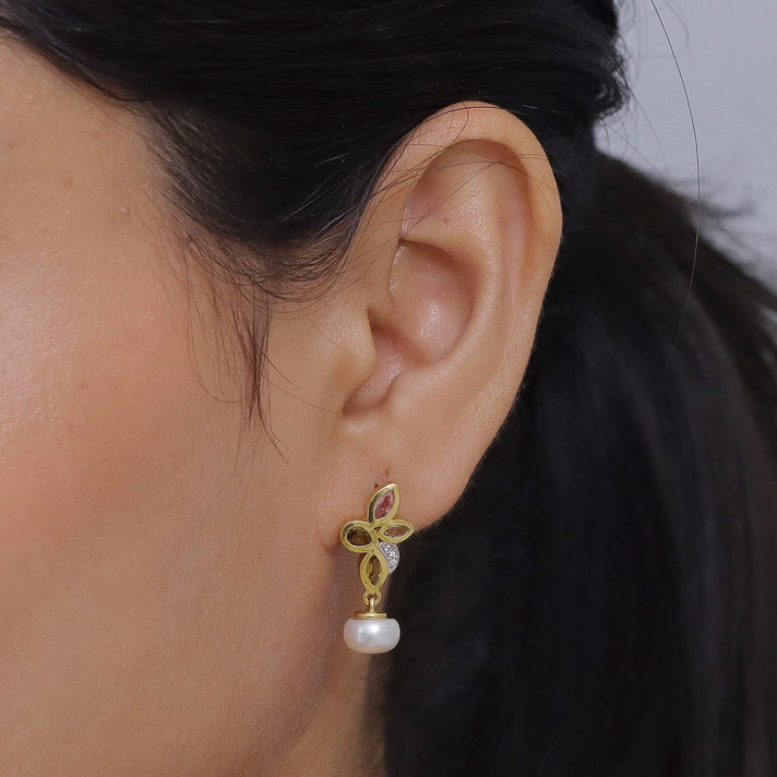 D'Joy - Multi-Tourmaline, Fresh Water Pearl &amp; White Zircon Dangling Earring with Push Post in Yellow Gold Plated Sterling Silver 5.82 Ct. 8536938 2