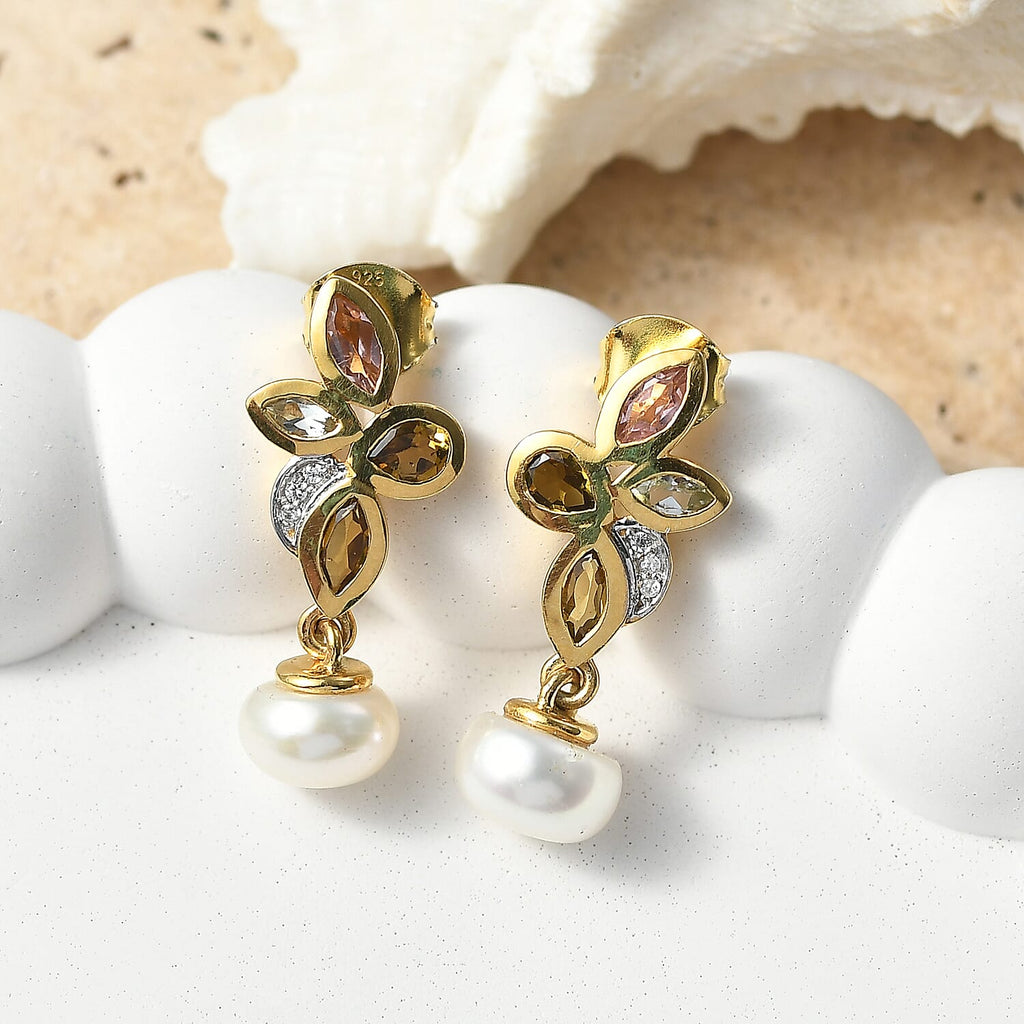 D'Joy - Multi-Tourmaline, Fresh Water Pearl & White Zircon Dangling Earring with Push Post in Yellow Gold Plated Sterling Silver 5.82 Ct.