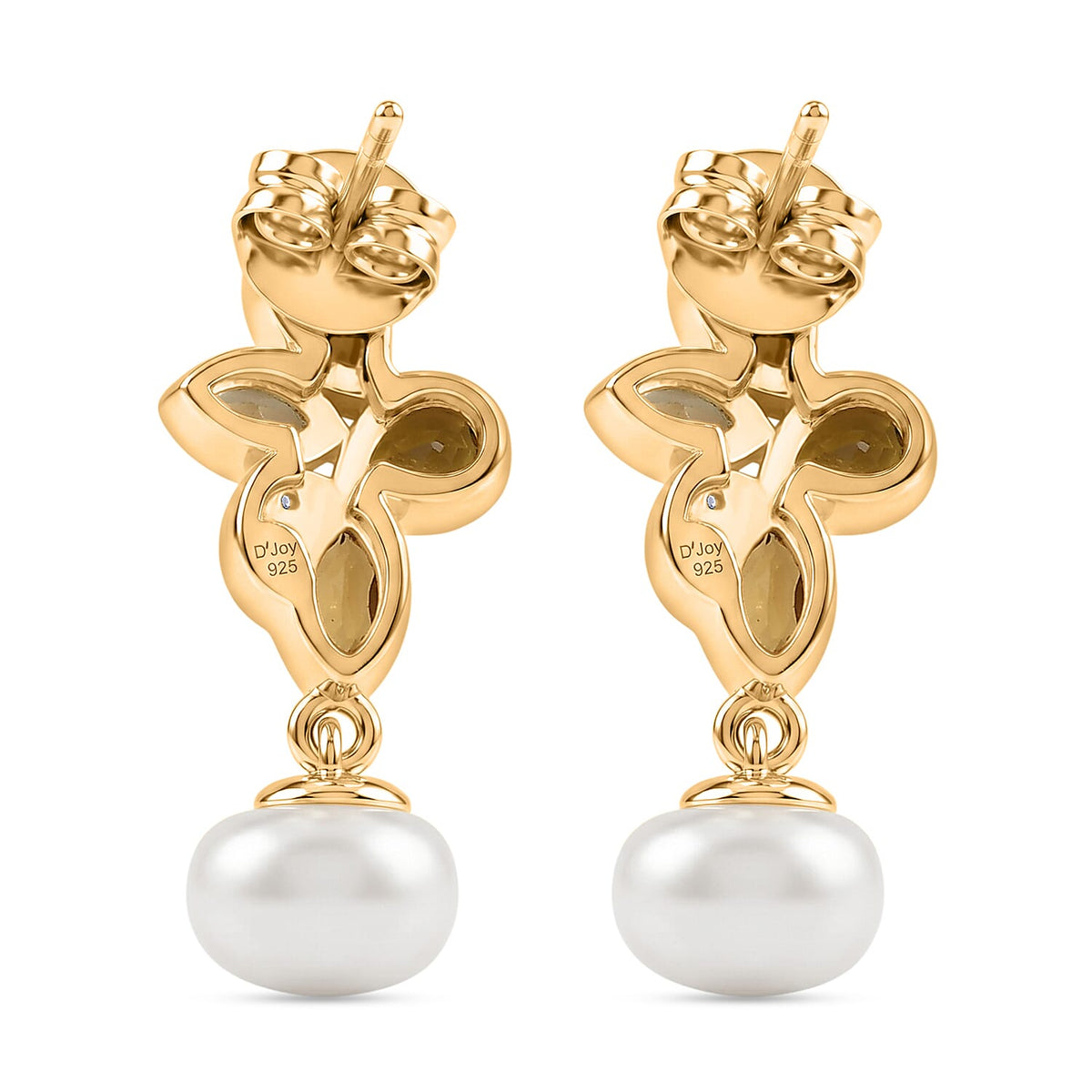 D'Joy - Multi-Tourmaline, Fresh Water Pearl &amp; White Zircon Dangling Earring with Push Post in Yellow Gold Plated Sterling Silver 5.82 Ct. V32513916 4