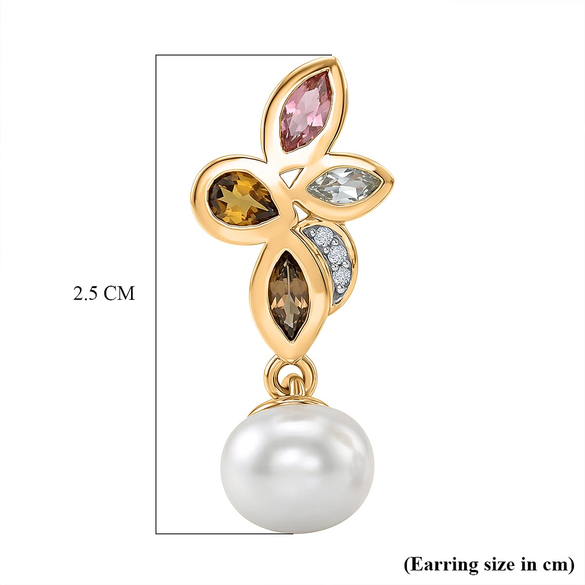 D'Joy - Multi-Tourmaline, Fresh Water Pearl &amp; White Zircon Dangling Earring with Push Post in Yellow Gold Plated Sterling Silver 5.82 Ct. V32513916 5
