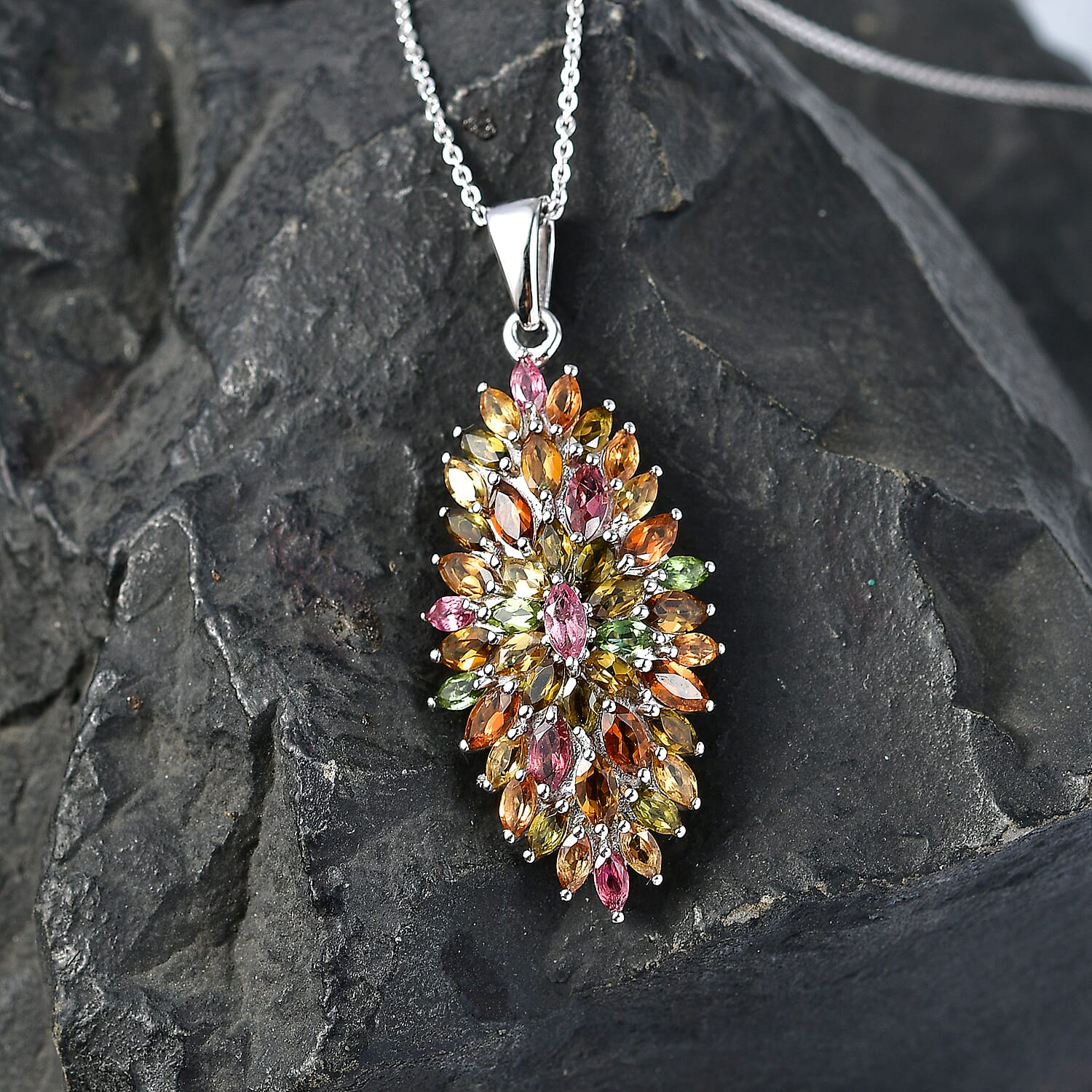 D'Joy - Multi-Tourmaline Cluster Pendant with Chain (Size 20) in Rhodium Overlay Sterling Silver 4.28 Ct. 4466224 3