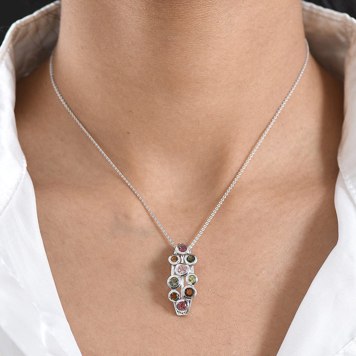 D'Joy - Multi-Tourmaline Cluster Pendant with Chain (Size 20) in Rhodium Overlay Sterling Silver 1.75 Ct. 4479070 2