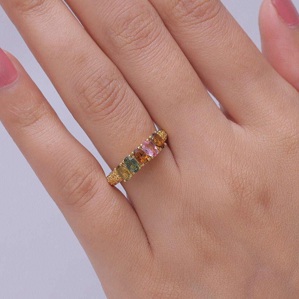 D'Joy - Multi-Tourmaline 5 Stone Ring in Yellow Gold Plated Sterling Silver 1.13 Ct.