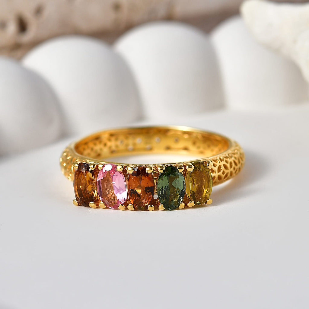 D'Joy - Multi-Tourmaline 5 Stone Ring in Yellow Gold Plated Sterling Silver 1.13 Ct.
