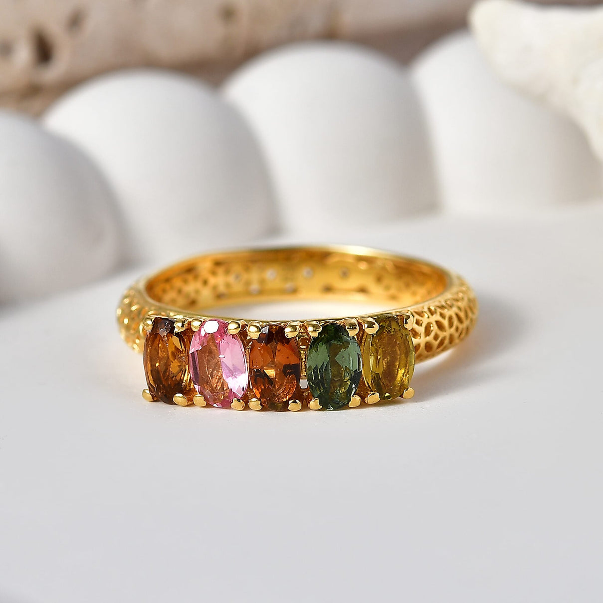 D'Joy - Multi-Tourmaline 5-Stone Ring in Yellow Gold Plated Sterling Silver 1.13 Ct. 8557627 3
