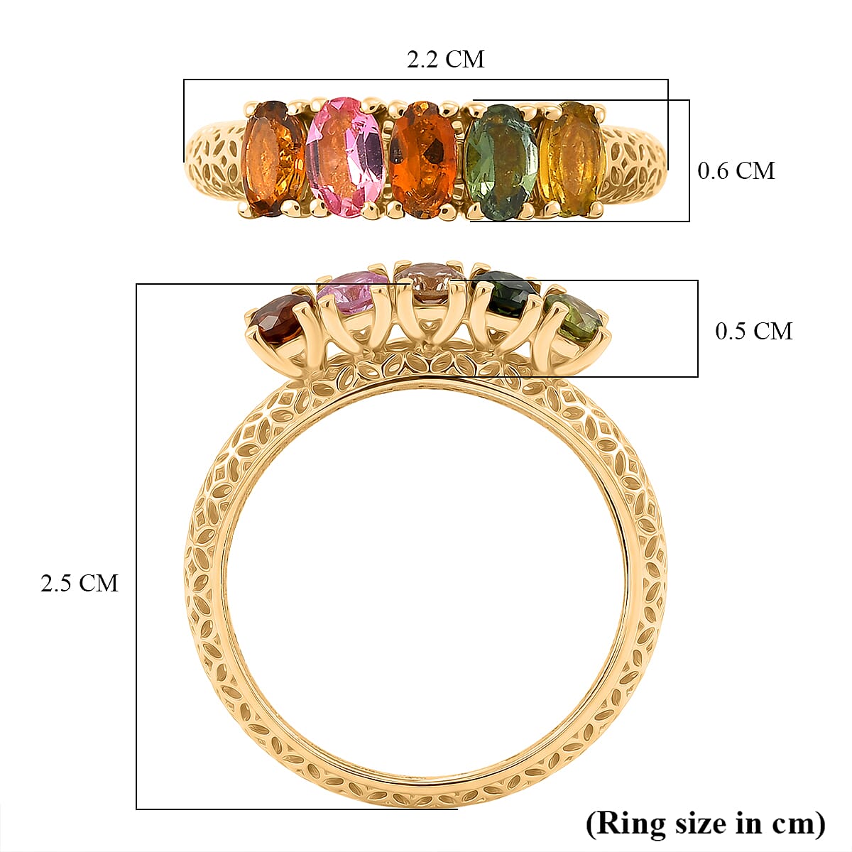 D'Joy - Multi-Tourmaline 5-Stone Ring in Yellow Gold Plated Sterling Silver 1.13 Ct. 8557627 6
