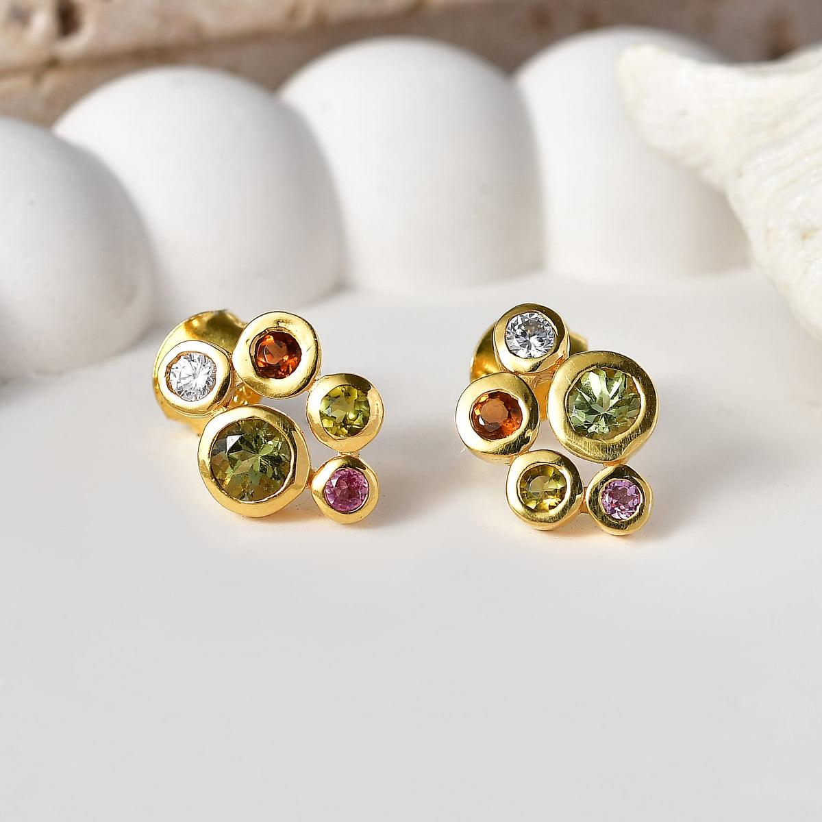 D'Joy - Multi-Tourmaline &amp; White Zircon Cluster Earring with Push Post in Yellow Gold Plated Sterling Silver 1.08 Ct. V32513215 3