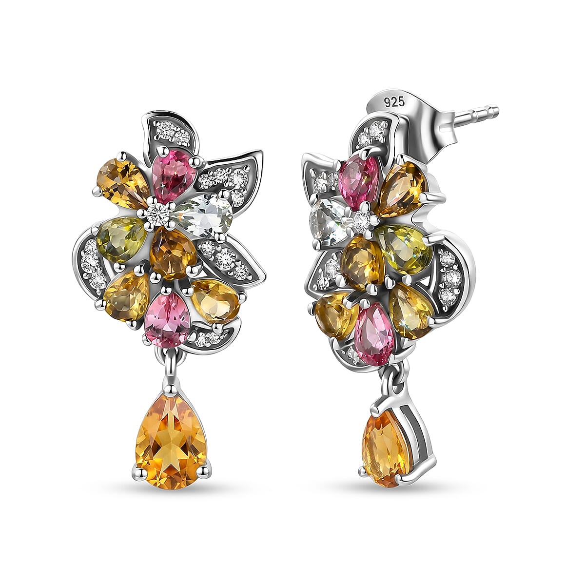 D'Joy - Multi-Tourmaline &amp; White Zircon Cluster Earring with Push Post in Rhodium Overlay Sterling Silver 3.15 Ct. V32524953 0