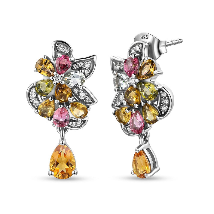 D'Joy - Multi-Tourmaline &amp; White Zircon Cluster Earring with Push Post in Rhodium Overlay Sterling Silver 3.15 Ct. 8551402 1