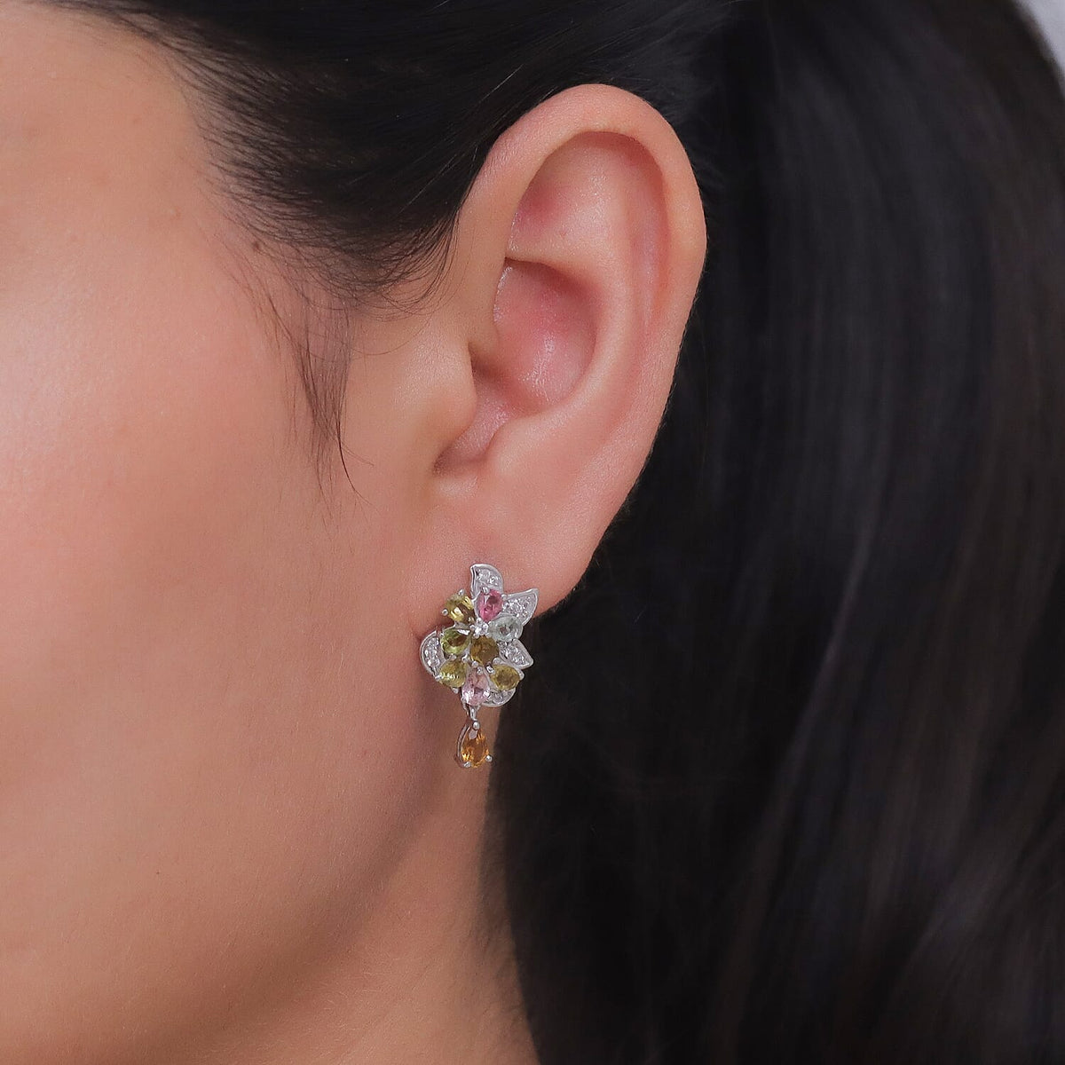D'Joy - Multi-Tourmaline &amp; White Zircon Cluster Earring with Push Post in Rhodium Overlay Sterling Silver 3.15 Ct. V32524953 2