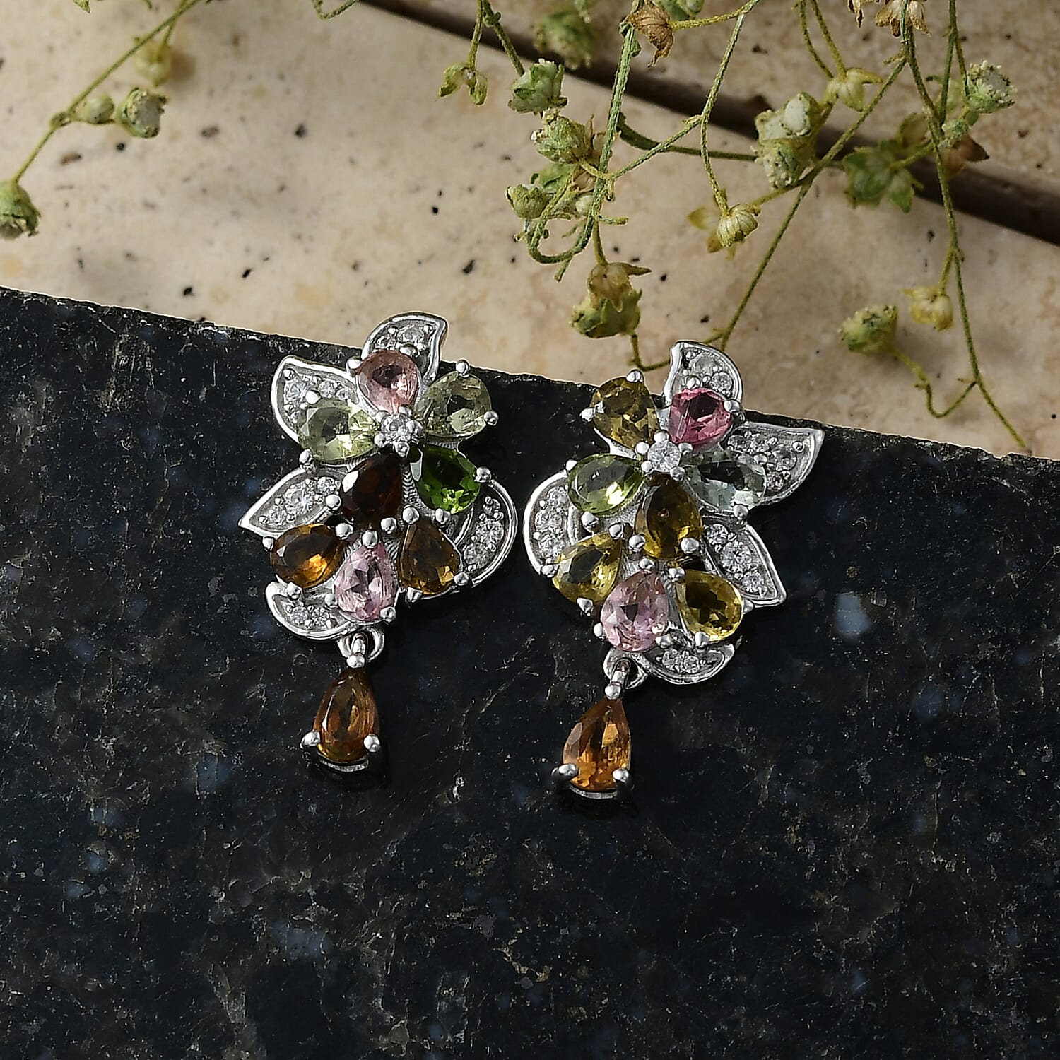D'Joy - Multi-Tourmaline &amp; White Zircon Cluster Earring with Push Post in Rhodium Overlay Sterling Silver 3.15 Ct. V32524953 3