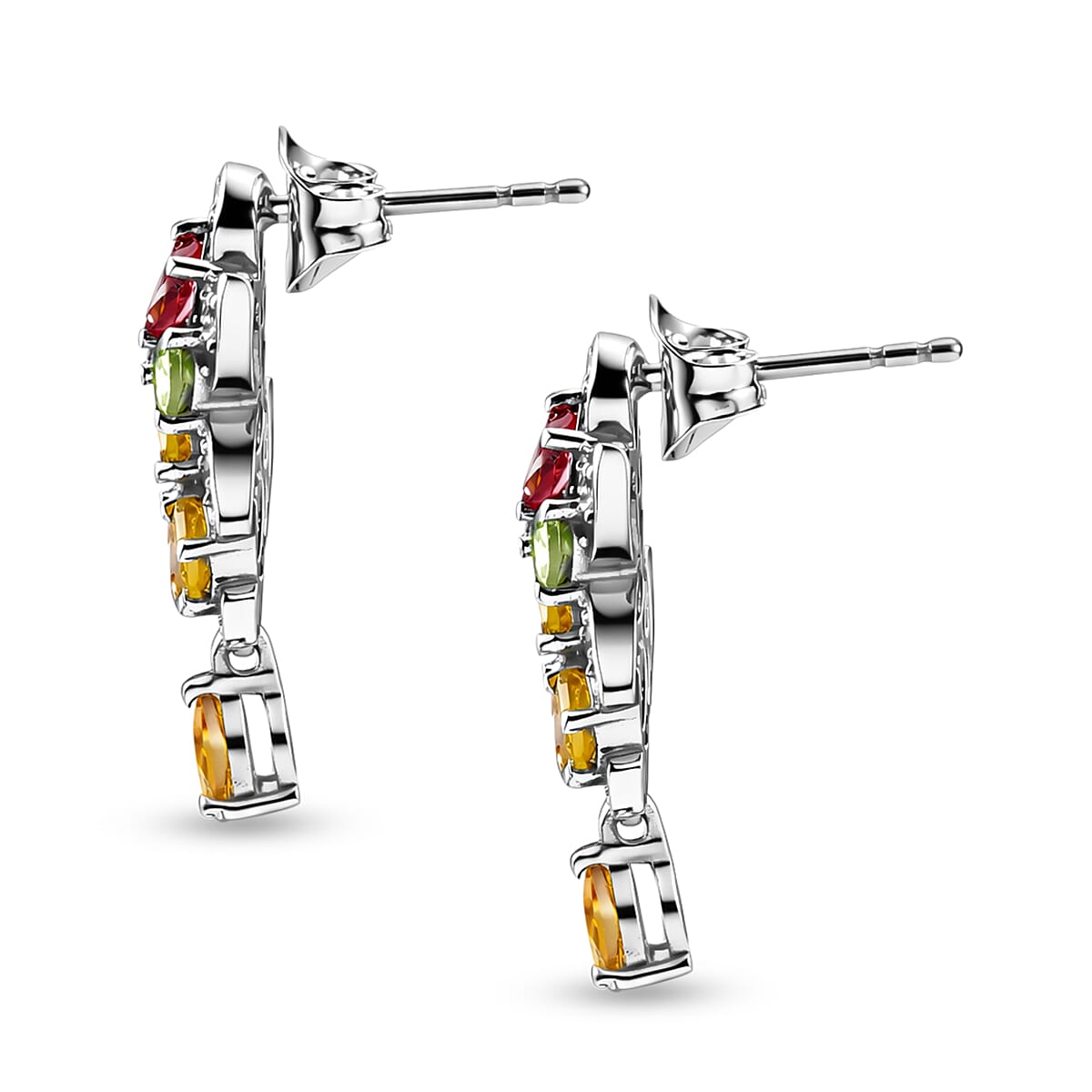 D'Joy - Multi-Tourmaline &amp; White Zircon Cluster Earring with Push Post in Rhodium Overlay Sterling Silver 3.15 Ct. V32524953 4