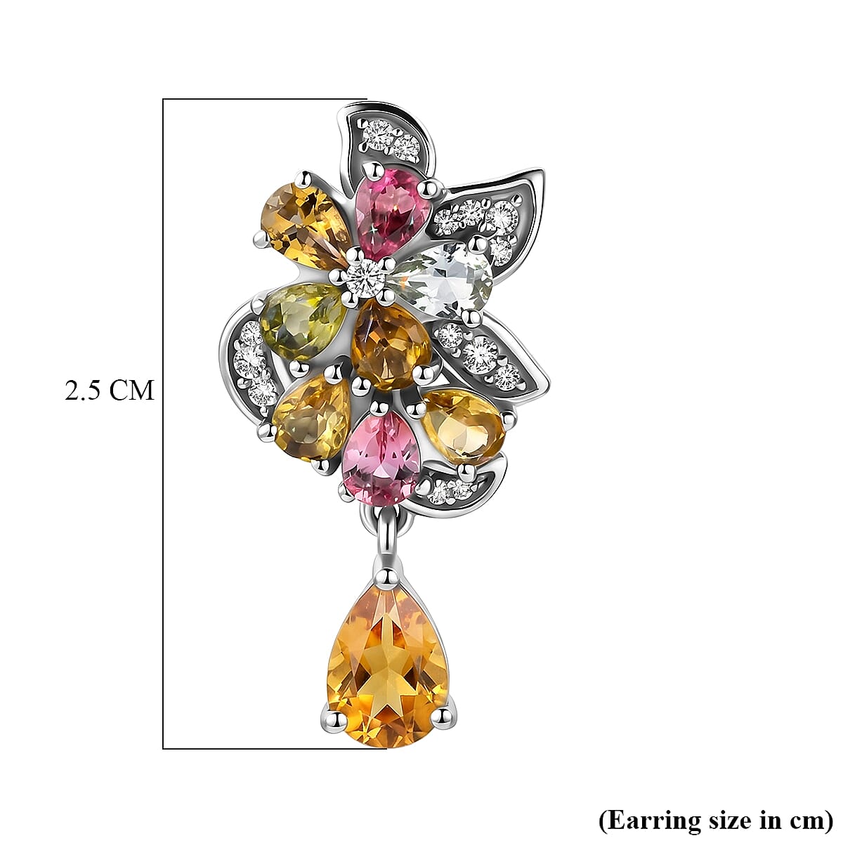 D'Joy - Multi-Tourmaline &amp; White Zircon Cluster Earring with Push Post in Rhodium Overlay Sterling Silver 3.15 Ct. V32524953 6