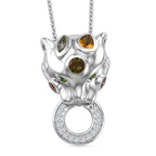 D'Joy - Multi-Tourmaline, White Zircon & Natural Chrome Diopside Panther Pendant with Chain (Size 20) in Rhodium Overlay Sterling Silver