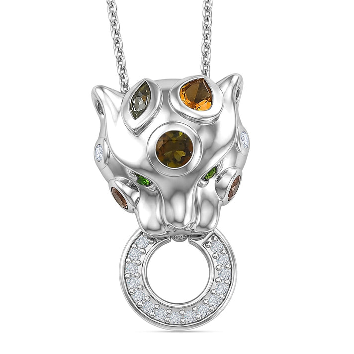 D'Joy - Multi-Tourmaline, White Zircon &amp; Natural Chrome Diopside Panther Pendant with Chain (Size 20) in Rhodium Overlay Sterling Silver 4469461 1