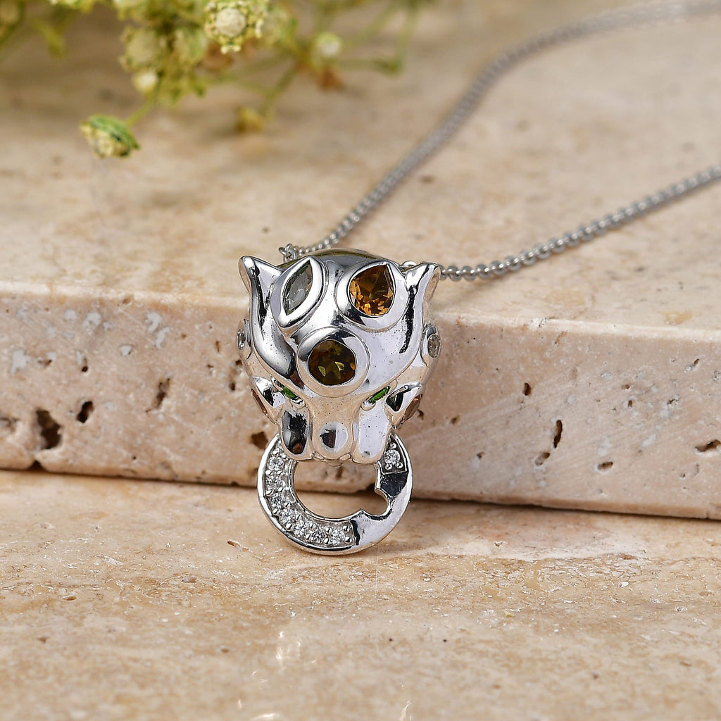 D'Joy - Multi-Tourmaline, White Zircon & Natural Chrome Diopside Panther Pendant with Chain (Size 20) in Rhodium Overlay Sterling Silver