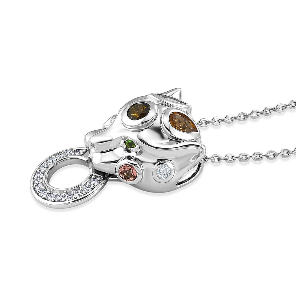 D'Joy - Multi-Tourmaline, White Zircon & Natural Chrome Diopside Panther Pendant with Chain (Size 20) in Rhodium Overlay Sterling Silver