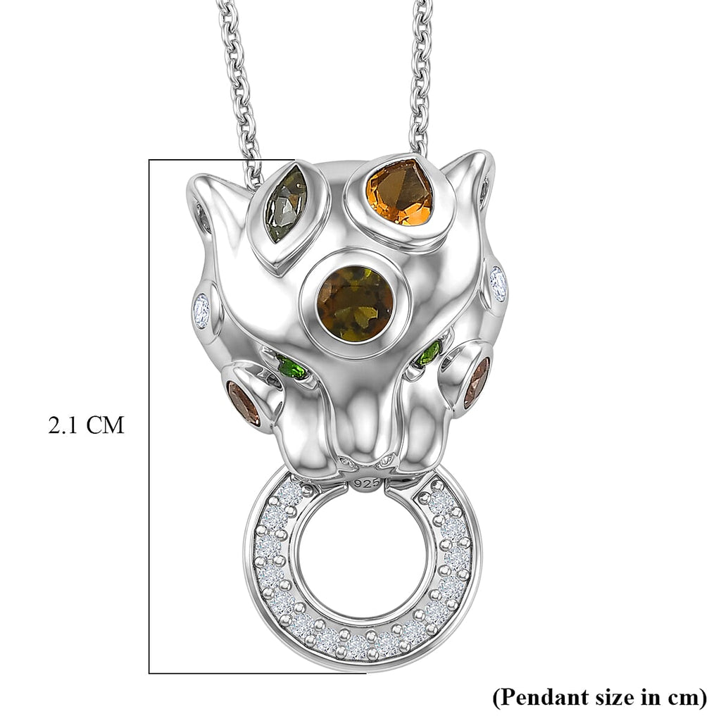 D'Joy - Multi-Tourmaline, White Zircon & Natural Chrome Diopside Panther Pendant with Chain (Size 20) in Rhodium Overlay Sterling Silver