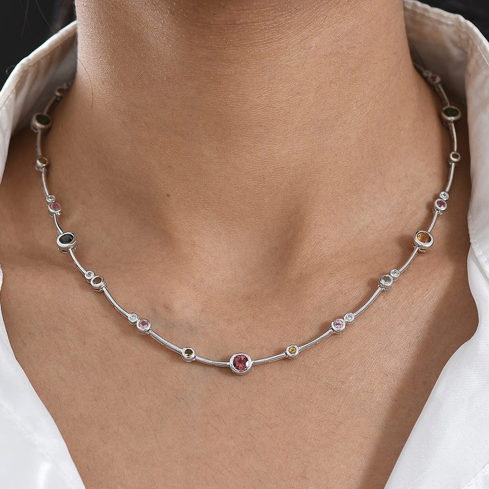 D'Joy - Multi-Tourmaline &amp; White Zircon Necklace (Size - 20) with Lobster Clasp in Rhodium Overlay Sterling Silver 4.90 Ct, Silver Wt. 11.46 Gms 8580896 2