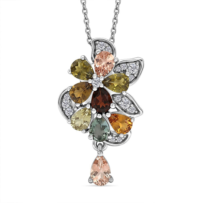 D'Joy - Multi-Tourmaline &amp; White Zircon Pendant with Chain (Size 20) in Rhodium Overlay Sterling Silver 1.64 Ct. 4470237 1