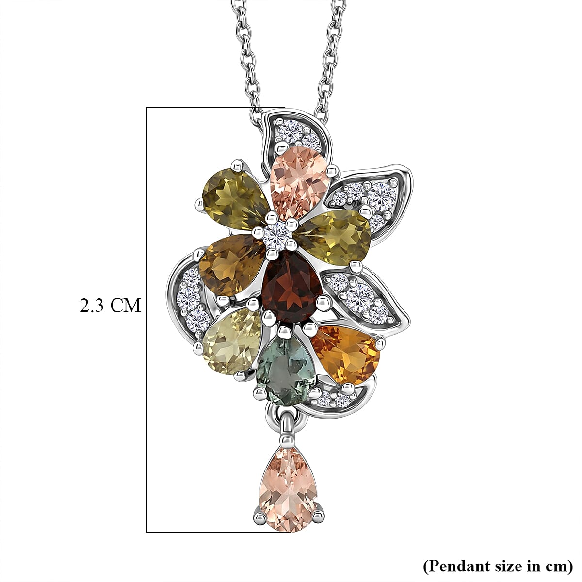 D'Joy - Multi-Tourmaline &amp; White Zircon Floral Vine Pendant with Chain (Size 20) in Rhodium Overlay Sterling Silver 1.64 Ct. 4470237 6