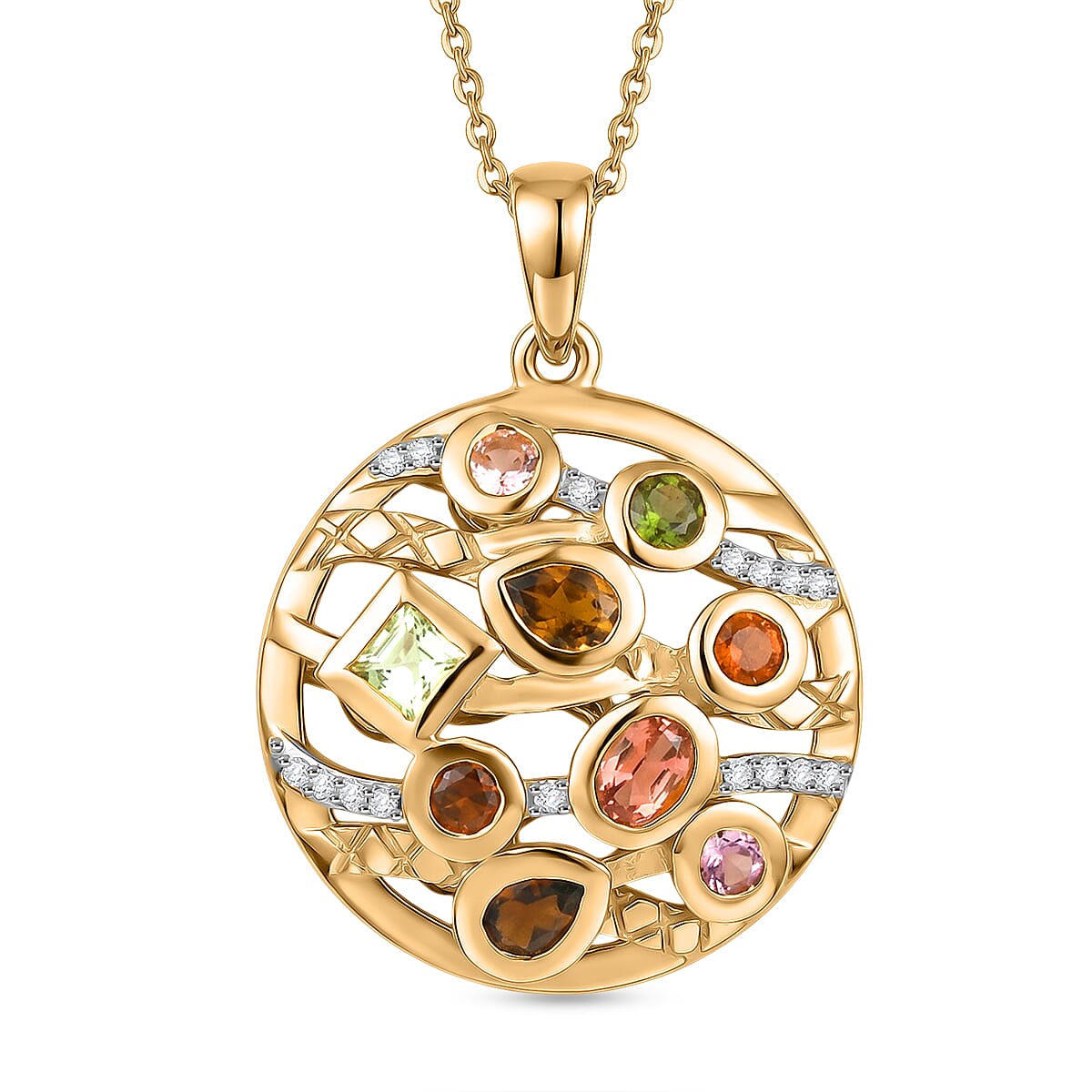 D'Joy - Multi-Tourmaline &amp; White Zircon Cluster Pendant with Chain (Size 20) in Yellow Gold Plated Sterling Silver 1.12 Ct. 4467976 0