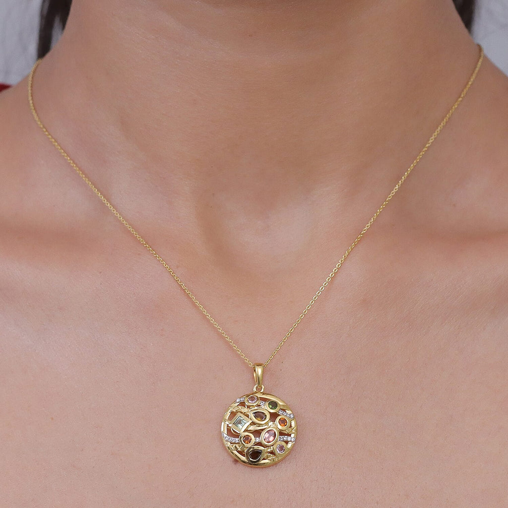 D'Joy - Multi-Tourmaline & White Zircon Cluster Pendant with Chain (Size 20) in Yellow Gold Plated Sterling Silver 1.12 Ct.