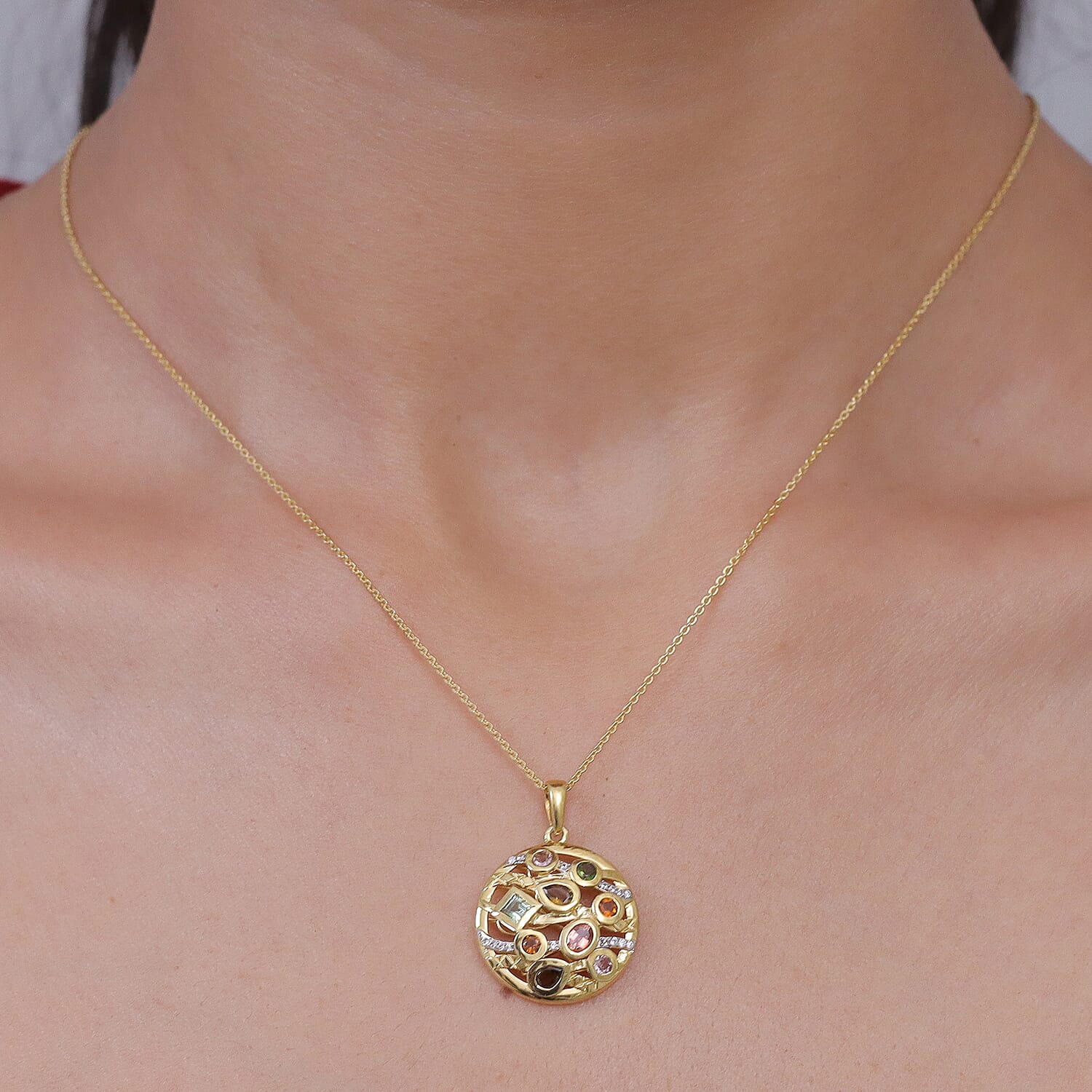 D'Joy - Multi-Tourmaline &amp; White Zircon Cluster Pendant with Chain (Size 20) in Yellow Gold Plated Sterling Silver 1.12 Ct. 4467976 2