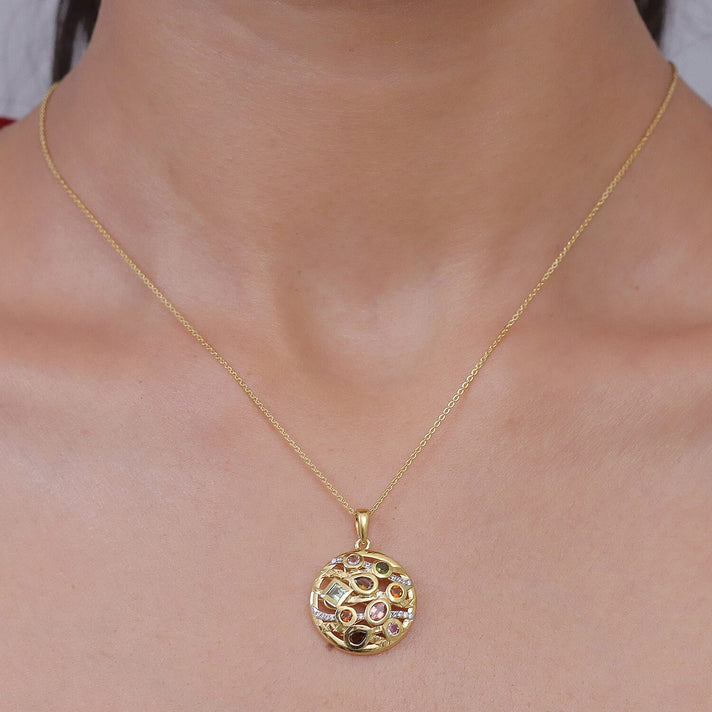 D'Joy - Multi-Tourmaline &amp; White Zircon Cluster Pendant with Chain (Size 20) in Yellow Gold Plated Sterling Silver 1.12 Ct. 4467976 2