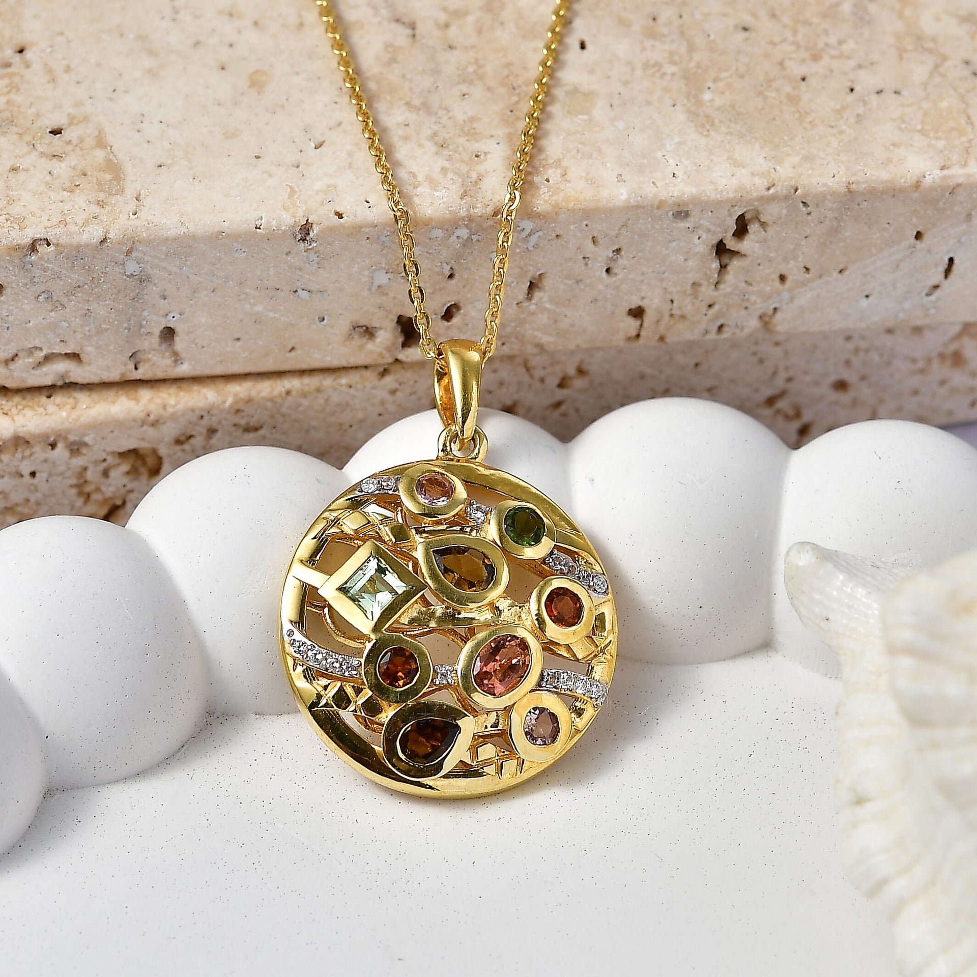 D'Joy - Multi-Tourmaline &amp; White Zircon Cluster Pendant with Chain (Size 20) in Yellow Gold Plated Sterling Silver 1.12 Ct. 4467976 3