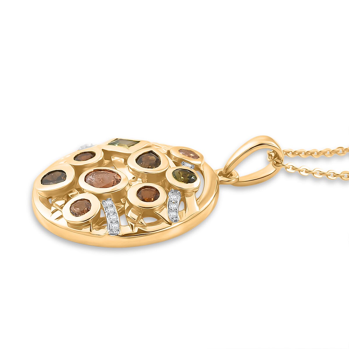 D'Joy - Multi-Tourmaline &amp; White Zircon Cluster Pendant with Chain (Size 20) in Yellow Gold Plated Sterling Silver 1.12 Ct. 4467976 4